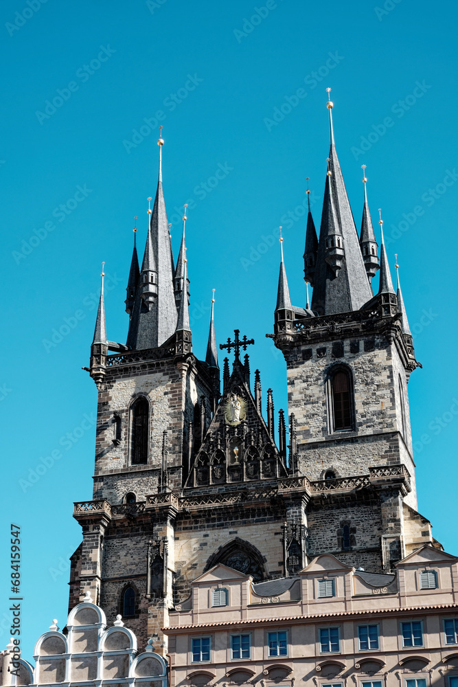 The Church of Our Lady before Týn in Prague with two tall Gothic spires.