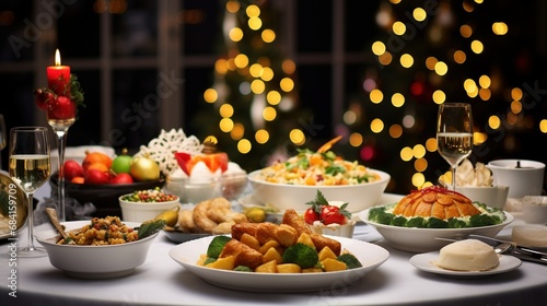 Christmas Dinner table full of dishes with food and snacks, New Year's decor with a Christmas tree on the background with AI
