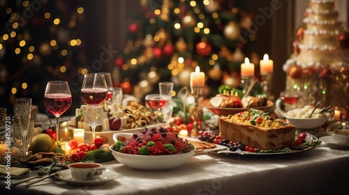 Christmas Dinner table full of dishes with food and snacks, New Year's decor with a Christmas tree on the background with AI