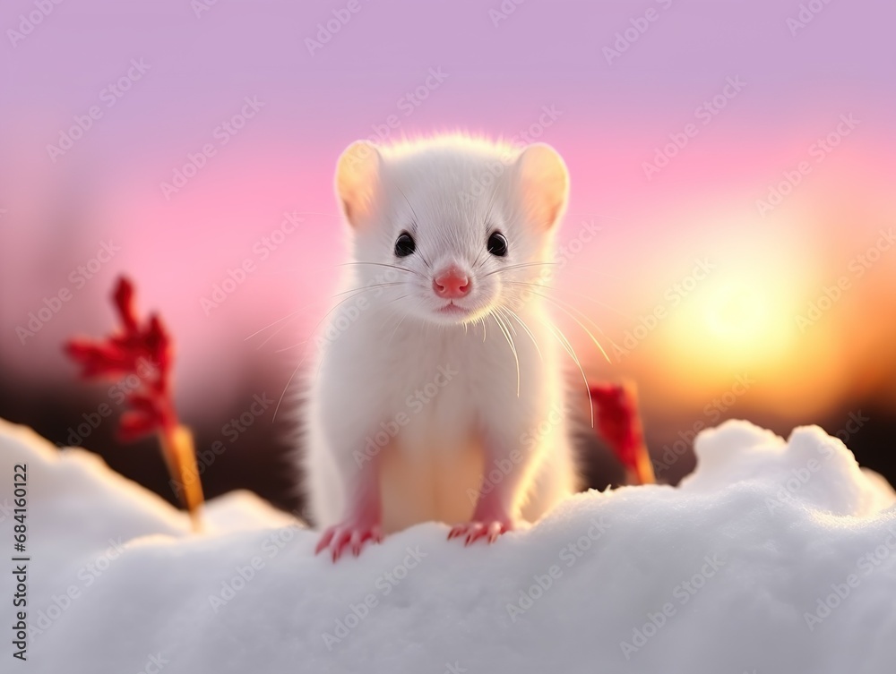 The stoat - Mustela erminea in the snow at winter The stoat - Mustela erminea in the snow at winter