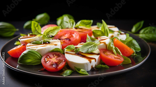 copy space, stockphoto for restaurant, Insalata Caprese. Typical traditional Italian dish. Insalata Caprese on a plate. Stockphoto for menu. Italian food. Healthy food concept.