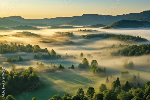A magical morning in the green forest. Overlapping hills stretch to the horizon, and deep mist hangs in the hollows of the valley. Natural environment protection and natural healing concept photo