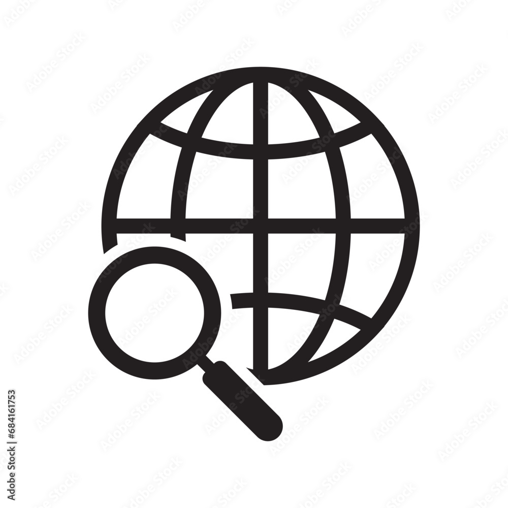 Global search icon. Magnifier and globe icon, search for a place on a map or on the globe sign. The icon of the magnifying glass and planet Earth. Global search icon. Magnifier and globe icon, search for a place on a map or on the globe sign. The icon of the magnifying glass and planet Earth.