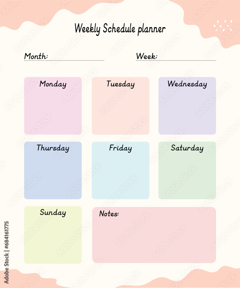 Weekly schedule with cute illustration pastel theme graphic for journaling, sticker, and scrapbook. Colorful business planner template. Weekly schedule with cute illustration pastel theme graphic for journaling, sticker, and scrapbook. Colorful business planner template.