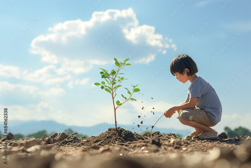 A little boy planting in the dirt a small tree sapling.