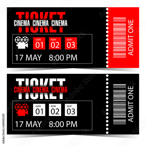 Cinema ticket in modern style to invite to watch the movie, at the film festival or cinematographic event. Invitation coupon, talon or voucher to the cinema suitable for web or ready to print.