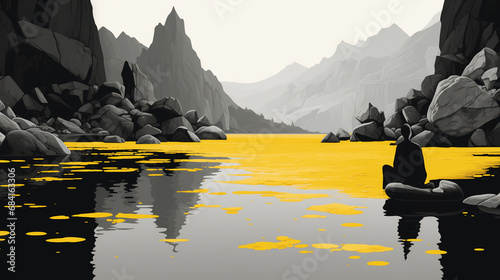 Paysage de montagne zen et apaisant, une silhouette médite devant le lac doré
