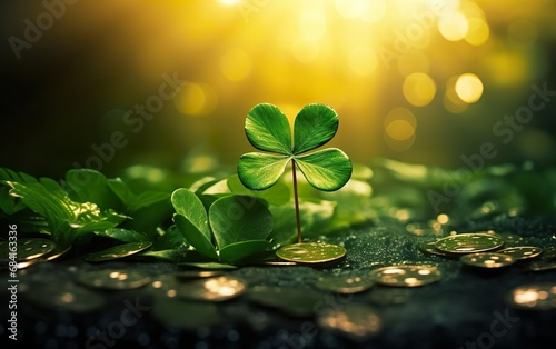 St Patricks Day Blurred Background. Photorealistic four leaf clover in the center with golden coins, luck winning ticket. Bokeh, de focus, soft warm sun light. Rich money party banner. AI Generative. photo