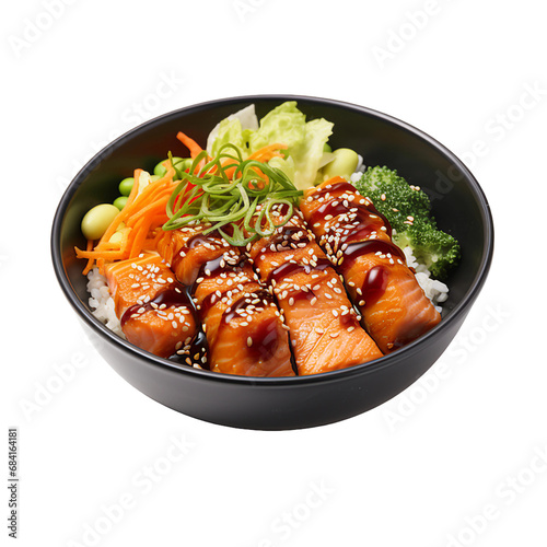 A Plate of Teriyaki Glazed Salmon Poke Bowl Isolated on a Transparent Background