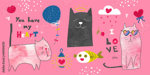 Valentine's Day, February 14.Collection of cute elements for decorating cards, banners, invitations, covers and much more.Funny kitties, handwritten inscriptions, hearts and other details