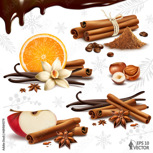 Vector realistic set of seasonal spices and fruits. Cinnamon and vanilla sticks. Christmas decoration, set for mulled wine. 3D food illustrations for design and advertising