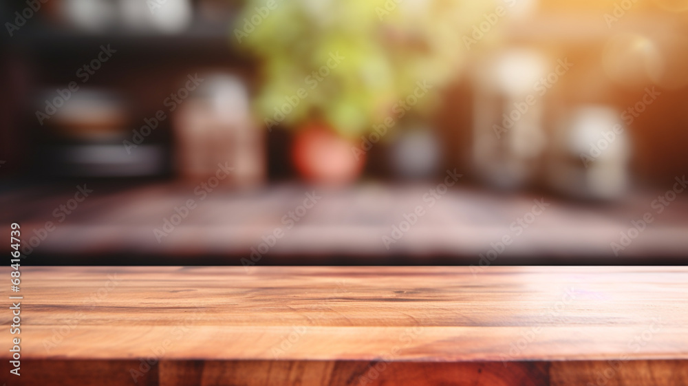 Empty minimal natural wooden table counter podium in the kitchen Empty minimal natural wooden table counter podium in the kitchen