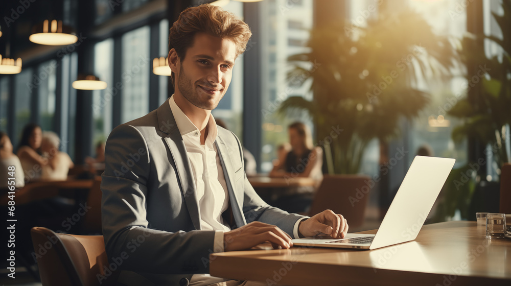 businessman working on laptop in cafe