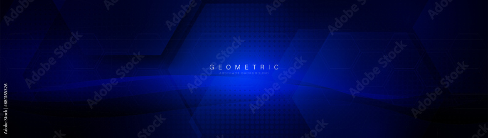 Abstract geometric hexagon futuristic digital hi-technology with a halftone on a dark blue background. Trendy blue minimal geometry banner. Vector illustration Abstract geometric hexagon futuristic digital hi-technology with a halftone on a dark blue background. Trendy blue minimal geometry banner. Vector illustration