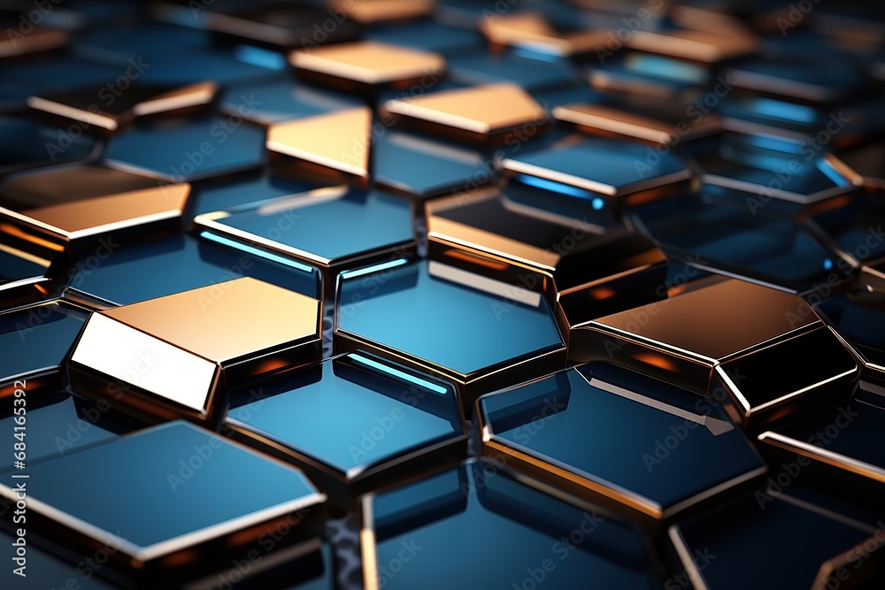 Fototapeta premium Hexagon panoramic blue texture. Blue hexagon mosaic background Generative AI
