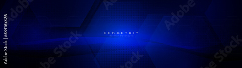 Abstract geometric hexagon futuristic digital hi-technology with a halftone on a dark blue background. Trendy blue minimal geometry banner. Vector illustration