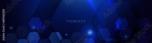 Abstract geometric hexagon futuristic digital hi-technology on a dark blue background. Trendy blue minimal geometry banner. Vector illustration