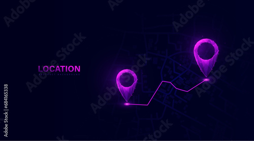 Location marking with a pin on the map. Navigation locator map. GPS. Low polygonal wireframe mesh lines and triangles, point connecting on purple background. Illustration vector