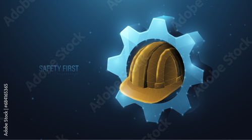 Safety first. Yellow protection helmet with Mechanism gears and cogwheels. Low polygonal wireframe mesh lines and triangles, point connecting on blue background. Illustration vector