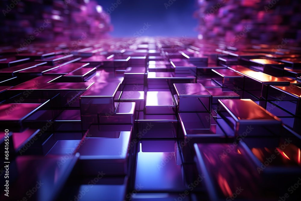 Obraz premium illustration of 3d abstract digital technology geometric hexagonal pattern background with glowing purple neon lights from sides Generative AI