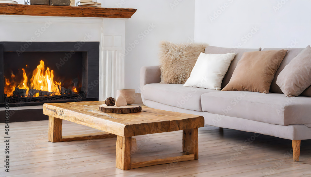 Rustic wooden coffee table near a sofa. classic stove Modern living room farmhouse interior design. Rustic wooden coffee table near a sofa. classic stove Modern living room farmhouse interior design.