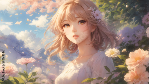 Beautiful Anime Girl in Garden Portrait