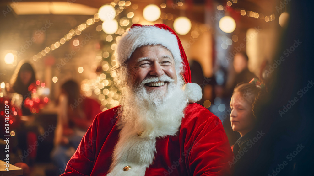 Portrait of a happy and laughing senior person wearing the Santa Claus costume celebrating in a nightclub with Christmas tree and bokeh blurry lights background. New year party and gala dinner concept