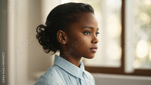 Beautiful African American girl with smooth and healthy facial skin. This is a very cute portrait of black people with a refreshing smile.