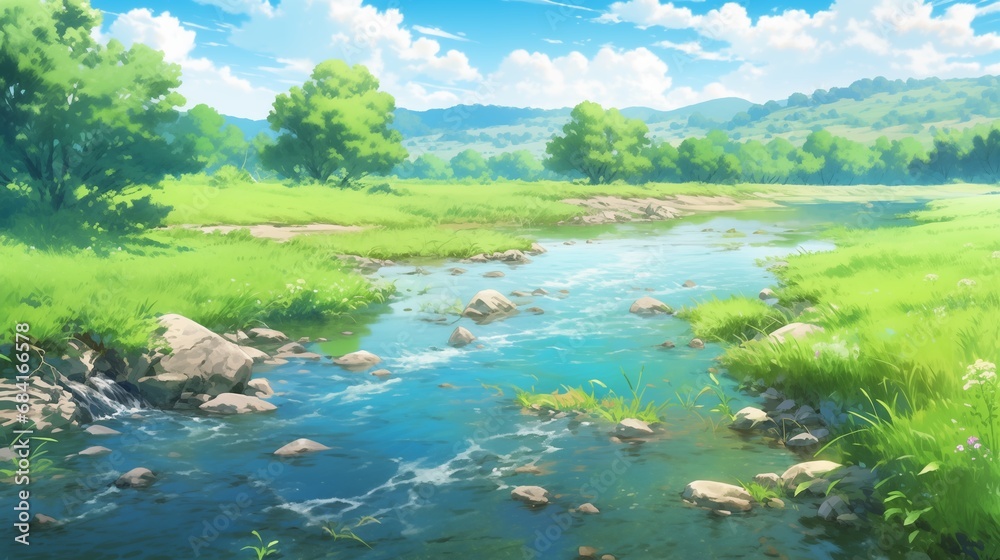 a river near a grassy area with trees and rocks in the style of anime art