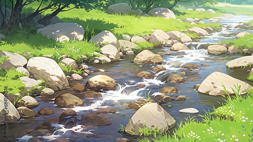 a river near a grassy area with trees and rocks in the style of anime art photo