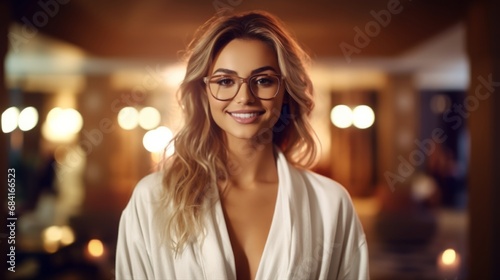 Relaxing in Elegance: A Beautiful Woman in a Serene Spa Lobby, Donning a Luxurious Bathrobe