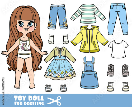 Cartoon long haired brunette girl and clothes separately - elegant dress, jacket, skirt, boots, long sleeve, jeans and sneakers doll for dressing