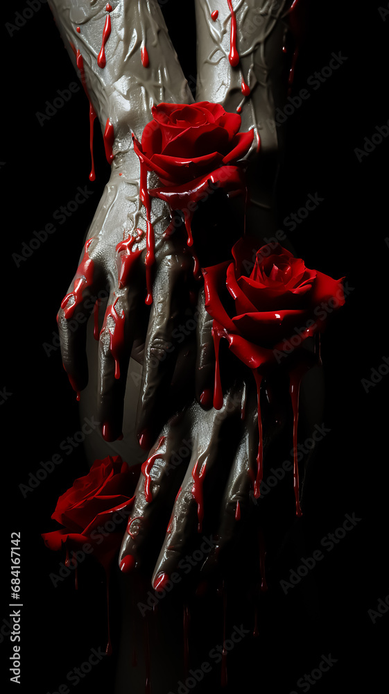 Bleed hands holding a bouquet of flowers, dark fantasy, abstract poster, broken heart, valentine day 
