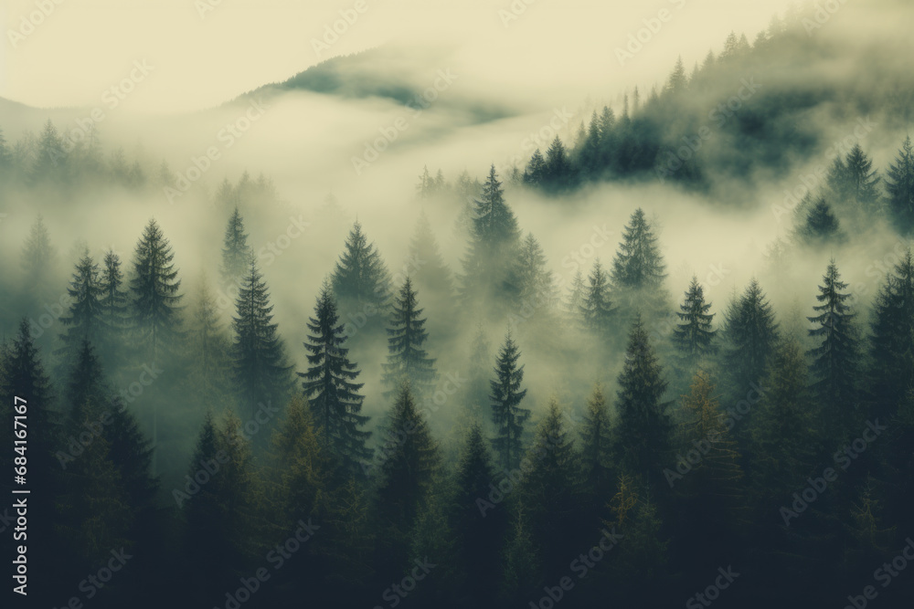 green forest. A deep fog drifts over the layers of mountains and deep forests. Natural environment protection and natural healing concept