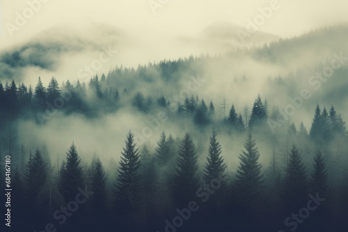 green forest. A deep fog drifts over the layers of mountains and deep forests. Natural environment protection and natural healing concept © omune
