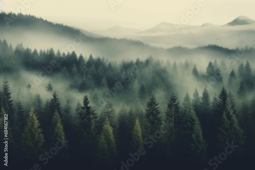 green forest. A deep fog drifts over the layers of mountains and deep forests. Natural environment protection and natural healing concept
