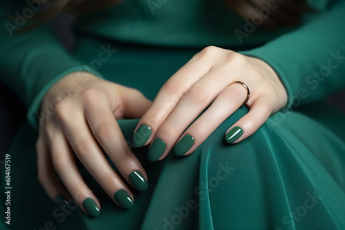 Glamour woman hand with green color nail polish on her fingernails. Green nail manicure with gel polish at luxury beauty salon. Nail art and design. Female hand model. French manicure.