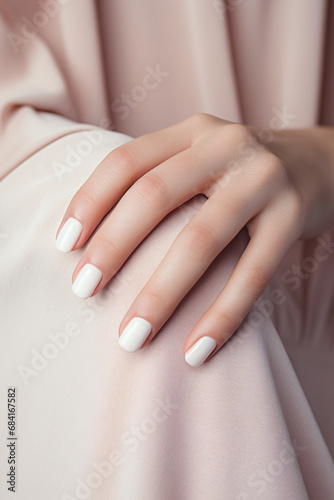 Glamour woman hand with nude shades nail polish on her fingernails. White nail manicure with gel polish at luxury beauty salon. Nail art and design. Female hand model. French manicure. photo