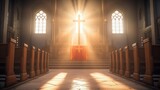 Heavenly Glow, A Bright Church with Light Behind the Cross, a Divine Atmosphere, Generative AI