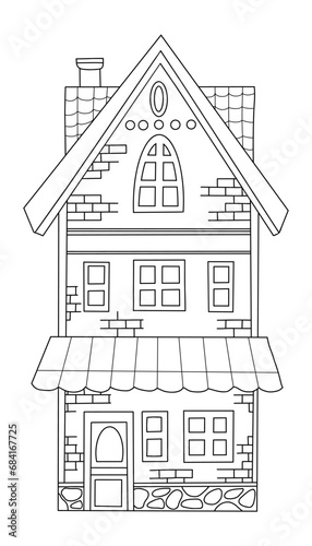 Beautiful tall stone house doodle. Urban architecture. Vector illustration. hand drawn outline drawing, coloring.