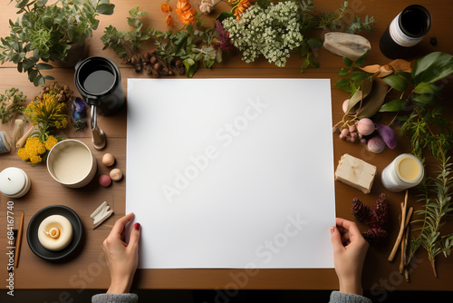 Two hands over sheet of paper on top of a wooden table. Many craft supplies around it.