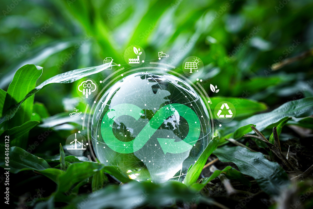 Crystal world on green grass with infinity symbol and environment ...