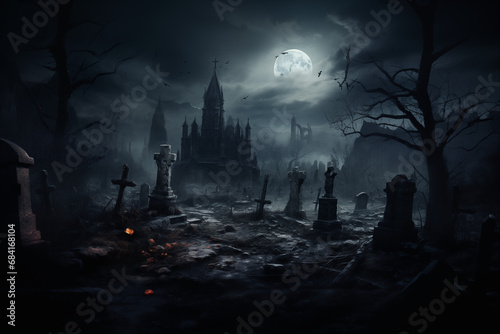 spooky halloween cemetary with castle  full moon and old forest