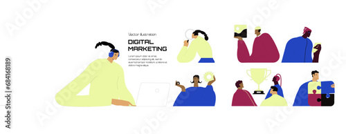 Digital marketing concept illustrations. Set of people vector illustrations in various activities of internet marketing, web and app design and development, seo, social network.