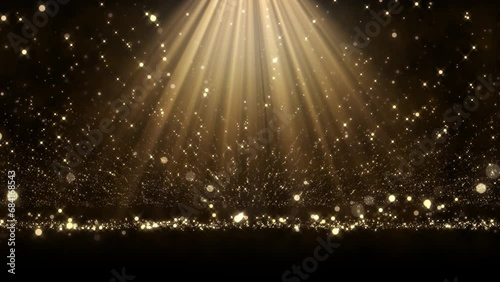 4K Spotlight with flying particles. Gold color rays. Empty scene with light for product. Xmas background. Isolated on black. Christmas animation