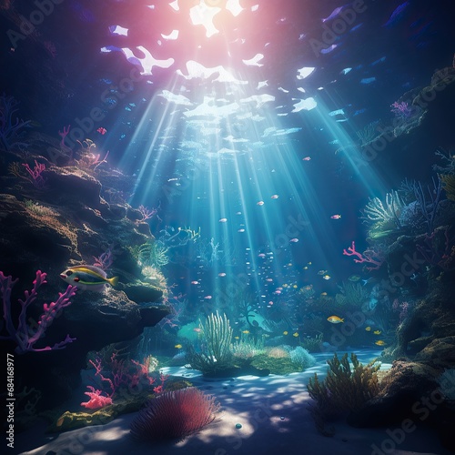 Magical underwater view with rays of light descending through the water among colorful fish