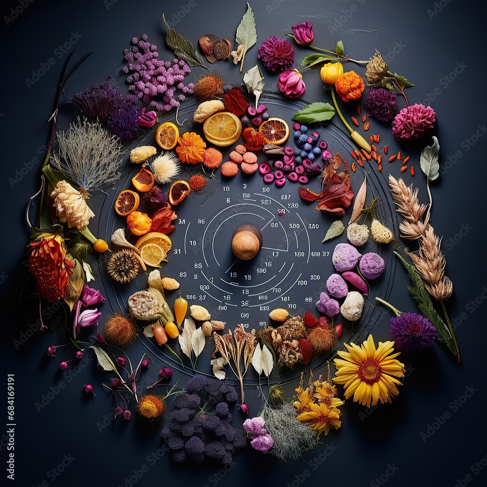 A rich display of colorful flowers, fruits, and botanical elements creatively assembled around a dartboard