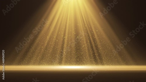 4K Spotlight with flying particles. Gold color rays. Empty scene with light for product. Xmas background. Isolated on black. Christmas animation