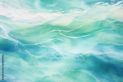 Abstract background of a serene and calming watercolor illustration featuring a minimalist pattern of softly curving waves in shades of blue and green