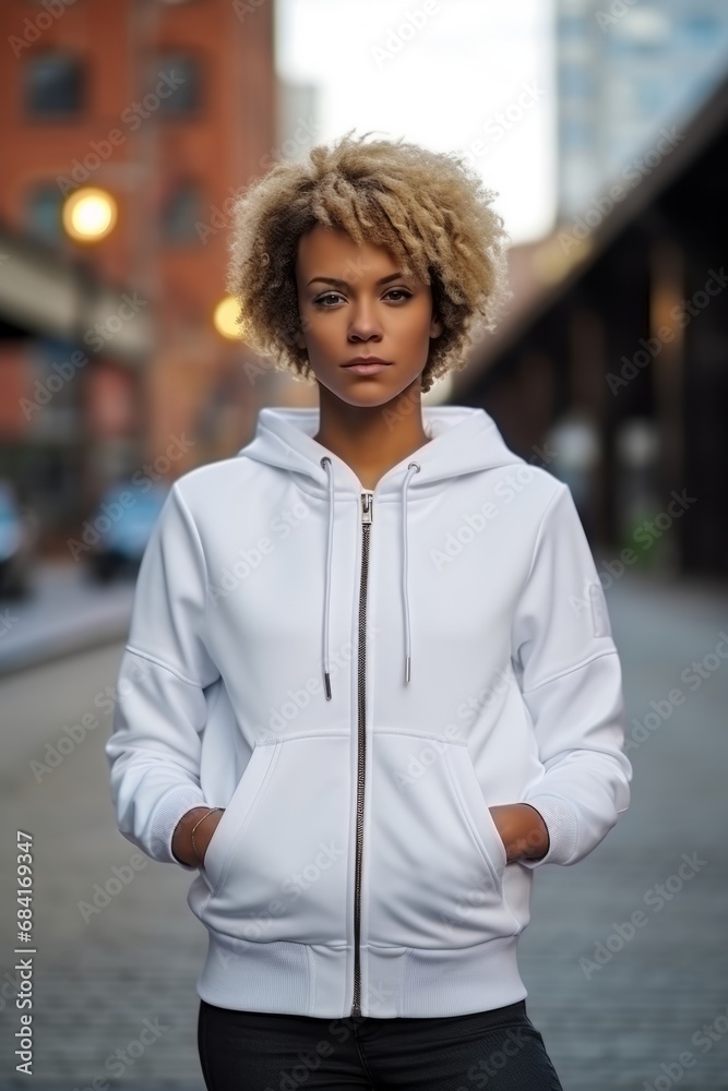 A stylish white hoodie, worn by a beautiful fashionable woman model in an urban setting. Empty space on the front of the bomber for print mockup A stylish white hoodie, worn by a beautiful fashionable woman model in an urban setting. Empty space on the front of the bomber for print mockup